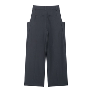 Women's dark grey high waisted wide leg trousers with stylish side flap pockets