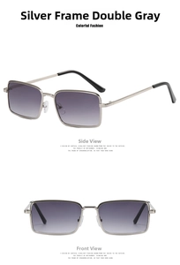 Detail of silver metal square sunglasses with gradient grey lenses and adjustable nose pads