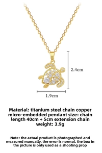 Detailed view of turtle pendant necklace with dimensions 1.9x2.4cm and titanium steel chain