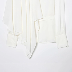 Elegant white draped crewneck long sleeve shirt with asymmetric minimalist design