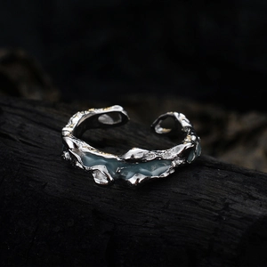 Lava texture adjustable silver open ring with light blue enamel inlay and molten metal finish