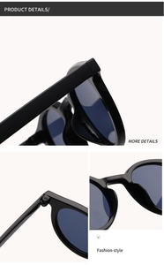 Detailed close-up of metal hinges and integrated nose pads on black round frame sunglasses