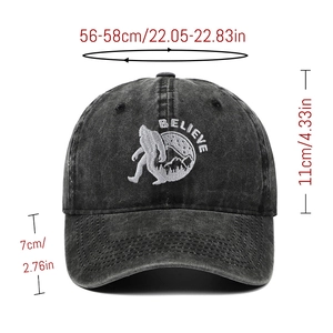 Front view of washed cotton baseball cap with Sasquatch embroidery and size measurements