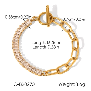 Detail of gold OT buckle bracelet with rectangular zircons and chain link segments