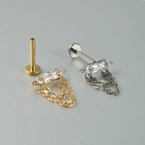 G23 titanium labret stud with hanging chains and zircon stone in gold and silver