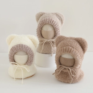Kids Plush Knit Balaclava Hat Integrated Scarf Mask Winter Warm Windproof Cute Bear Ears For Toddler Girls Boys