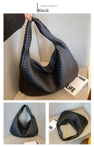 Detailed views of a black woven leather hobo bag showing texture and spacious interior