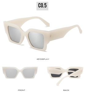 Multiple views of creamy white square sunglasses with silver mirrored lenses for women