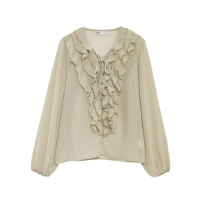 Women Chiffon Blouse V Neck Ruffle Lace Up Sheer Long Lantern Sleeve Elegant Sweet Streetwear Top