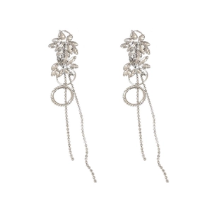 Silver flower tassel earrings with sparkling rhinestones in a long drop style for women