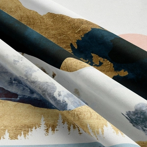 Detail shot of modern landscape tapestry showing soft fabric texture and artistic mountain print