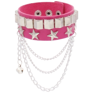 Pink PU leather punk bracelet featuring silver studs, metal chains and a heart pendant