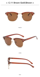 Drei Ansichten der klassischen braunen Clubmaster-Sonnenbrille mit goldenen Metallelementen