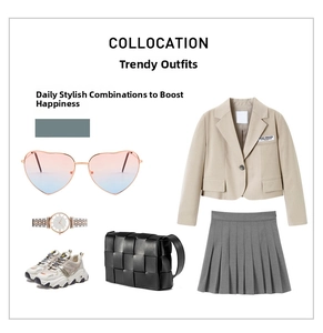 Flat lay of retro heart sunglasses with beige blazer, pleated skirt, and accessories