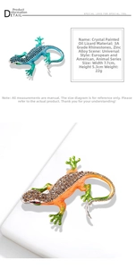 Detail view showing 3A rhinestones on the 7.7x5.3cm zinc alloy lizard animal brooch
