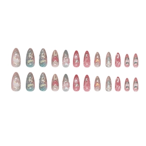 Press on nails with gradient heart and 3D liquid metal silver butterfly on almond shape