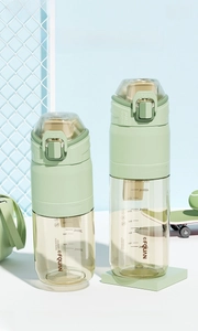 Macro shot of green PPSU sports water bottles with measurement scales and safety locks