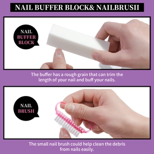 Detailed view of professional nail buffer block and pink cleaning brush for manicure care