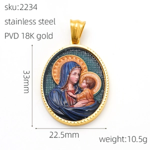 Detailed view of 18K gold PVD coated stainless steel Virgin and Child oval pendant
