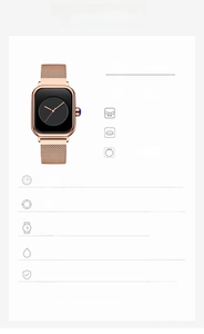 Detailed specs of rose gold square watch with black dial and mesh band measurements