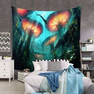Detail of surreal oceanic wall tapestry featuring glowing mushrooms and swimming sharks