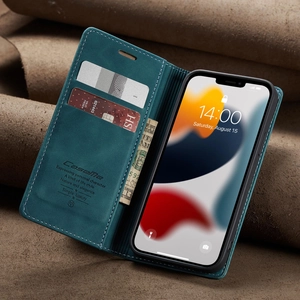 Detail of blue leather wallet phone case featuring multiple card slots and cash pocket