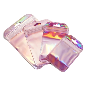 Multiple sizes of holographic pink laser resealable bags for jewelry packaging