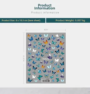 Détail des stickers ongles papillons colorés, dimensions 8x10,3 cm et poids de 0,007 kg