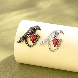 Gothic raven crow chain brooches with red kite-shaped zircon stones in black and silver
