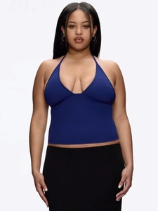 Close-up of a navy blue deep V-neck halter top in plus size high-stretch fabric