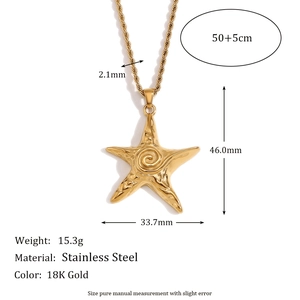 18K gold plated stainless steel starfish pendant necklace with sizing dimensions