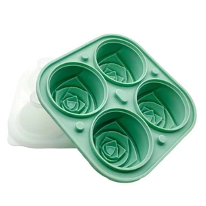Green 4-cavity rose shaped silicone ice mold with transparent lid for floral ice cubes