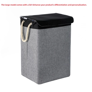 Detail of gray and black laundry basket featuring a sturdy white rope handle and dustproof lid