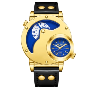 Men's dual time zone quartz watch with gold rivet case and black leather strap on white background