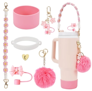 Set de accesorios rosa para vaso con funda de silicona y correa de flores decorativa