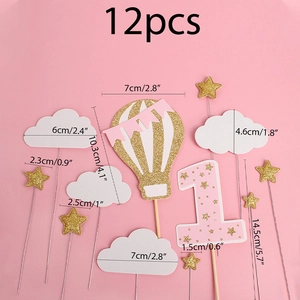 Detailed dimensions of 12pcs gold and pink glitter cake toppers for baby first birthdays