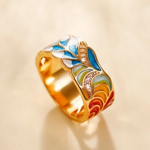 Macro detail of gold-plated punk ring featuring colorful enamel and inlaid zircons