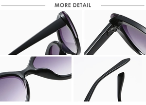 Detail view of cat-eye sunglasses featuring metal hinges and ergonomic nose pads