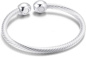 Detail view of silver stainless steel twisted wire bracelet with magnetic ends