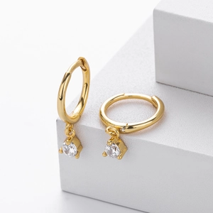 Elegant 925 sterling silver hoop earrings with clear round zirconia pendants in gold finish