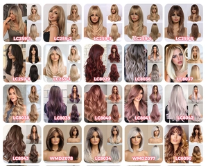 Detailed catalog showing long wavy and straight synthetic wigs in various gradient colors