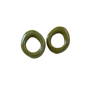 Olive green irregular resin round earrings with sterling silver pins for women