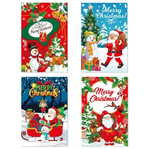 Set of four colorful Merry Christmas wine bottle stickers with festive cartoon designs