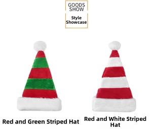 Detail of plush red-green and red-white striped Christmas hats with soft faux fur pom-poms