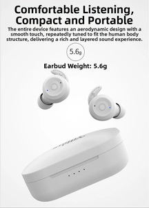 Detail view of white TWS earbuds with flexible ear wings and a 5.6g lightweight design