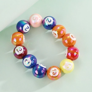 Colorful iridescent pool ball beaded elastic bracelet featuring numbered billiard designs
