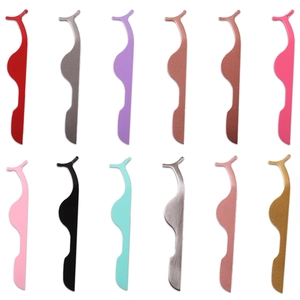 Twelve colorful stainless steel eyelash tweezers displayed in various metallic finishes