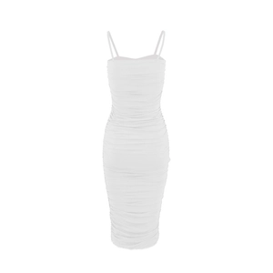 Close-up detail of white bodycon maxi dress with ruched fabric and thin straps