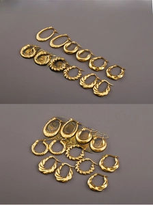 Detail showing various 18K gold plated hoop earrings with twist and woven textures