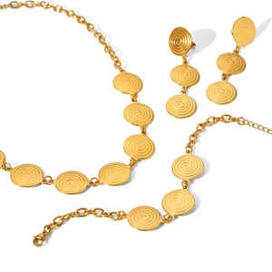 Golden stainless steel jewelry set featuring spiral textured discs necklace and earrings